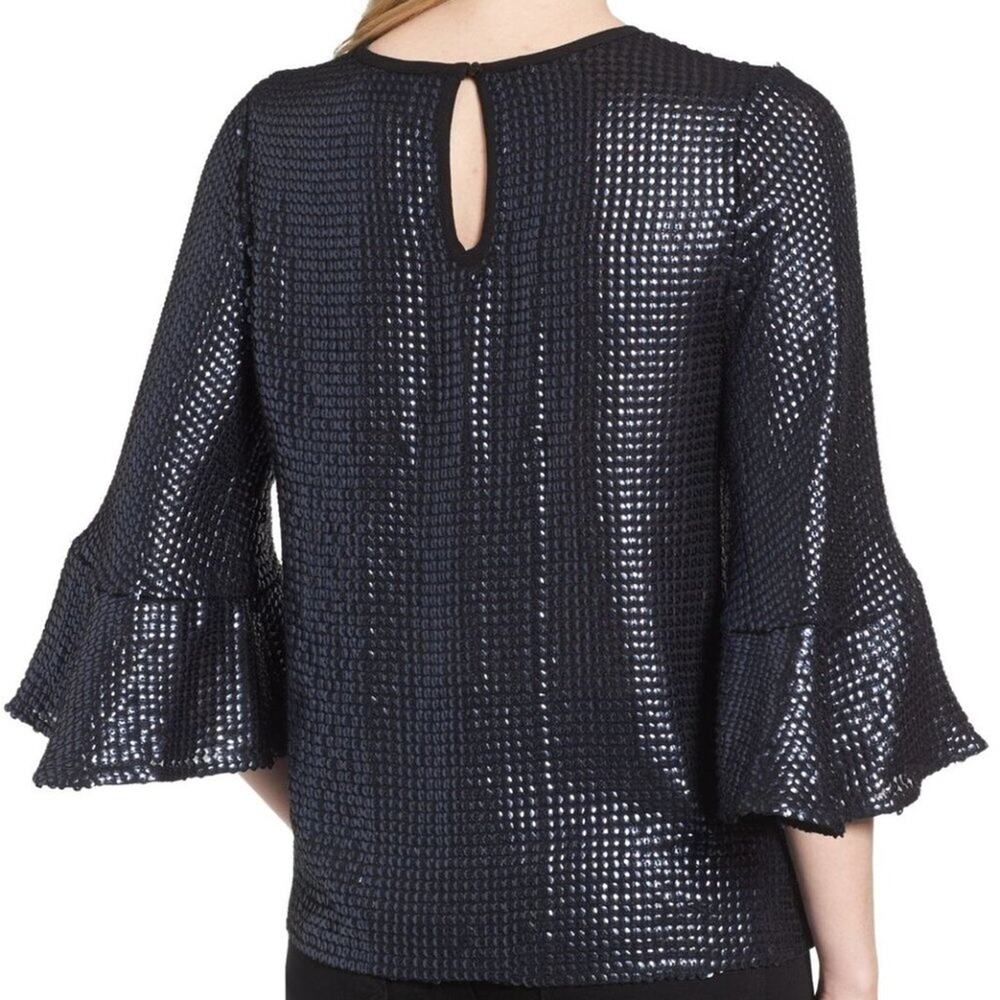 Trouve Women's Sequin 3/4 Bell Sleeve Blouse Navy XS - Picture 2 of 7